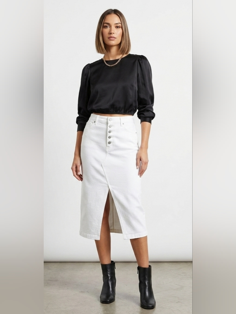 Banana Republic White Denim Skirt Button Front Midi Slit Minimalist Preppy